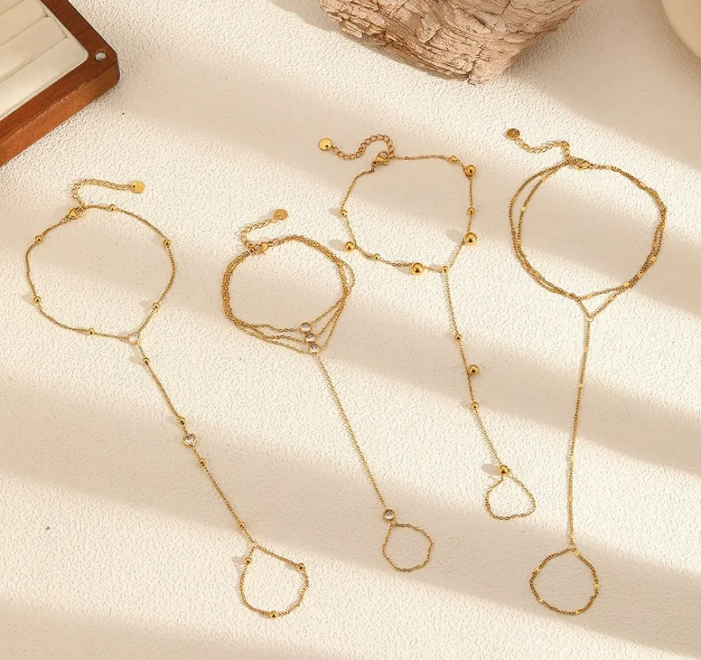 Triple Stone Hand Chain Bracelet – 18K Gold-Plated